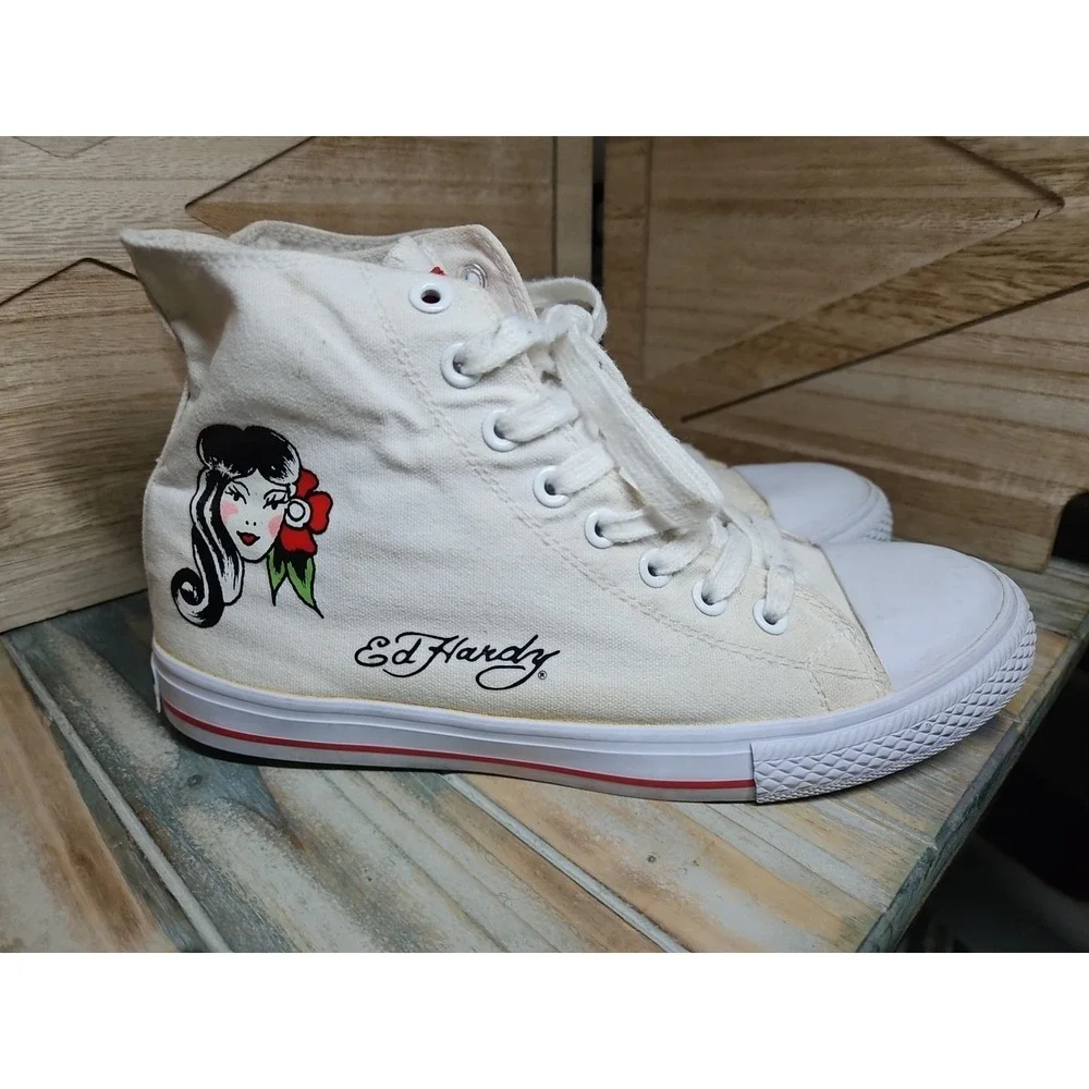 Ed Hardy Geisha Girl Tattoo Art White Canvas High Top Sneakers Mens Size 10‎